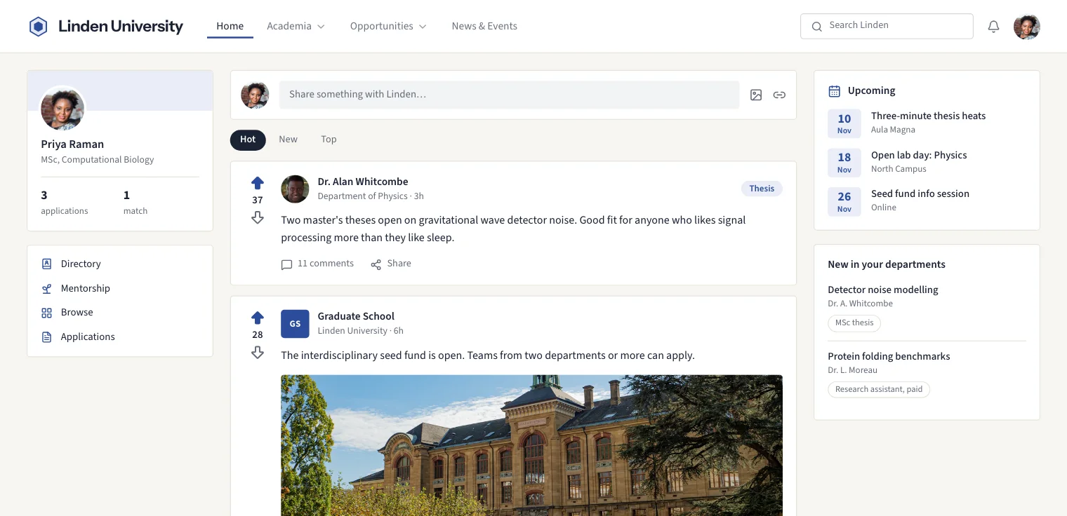 Linden University: Home. The feed, with what’s new in your departments