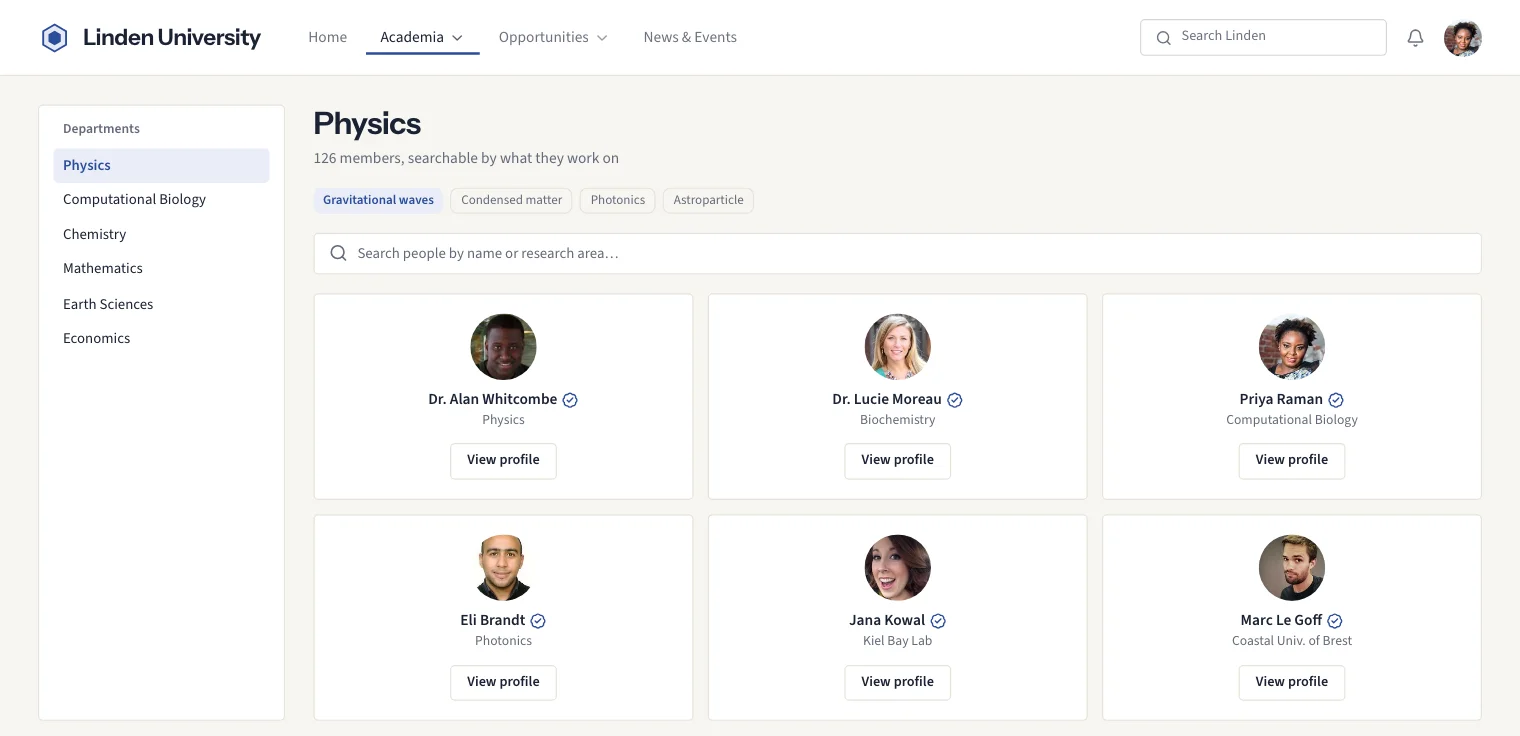 Linden University: Directory. Everyone in Physics, searchable by research area