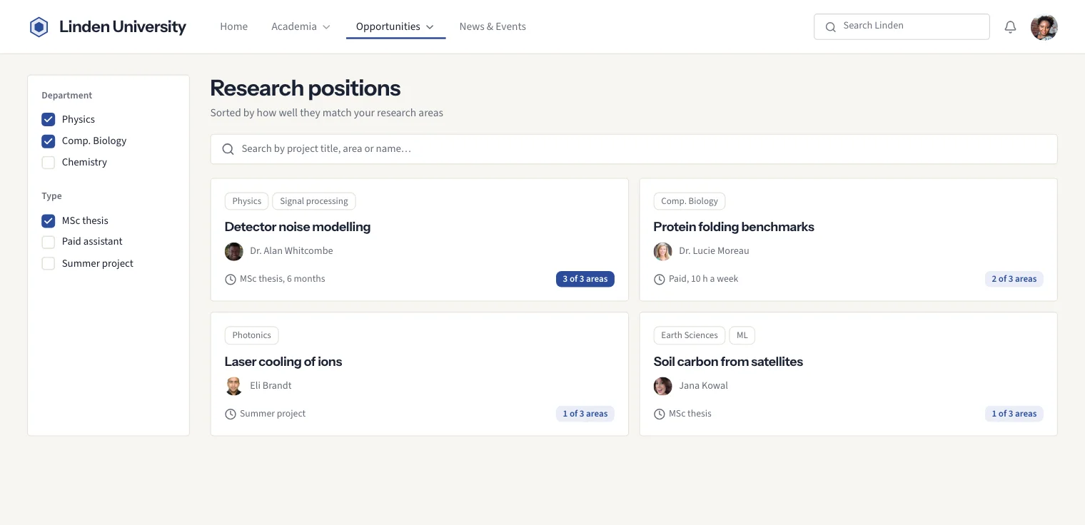 Linden University: Opportunities. Thesis and research positions, sorted by fit