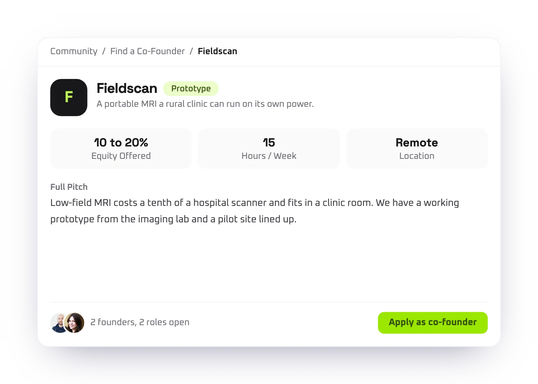 Startups & Co-Founders page