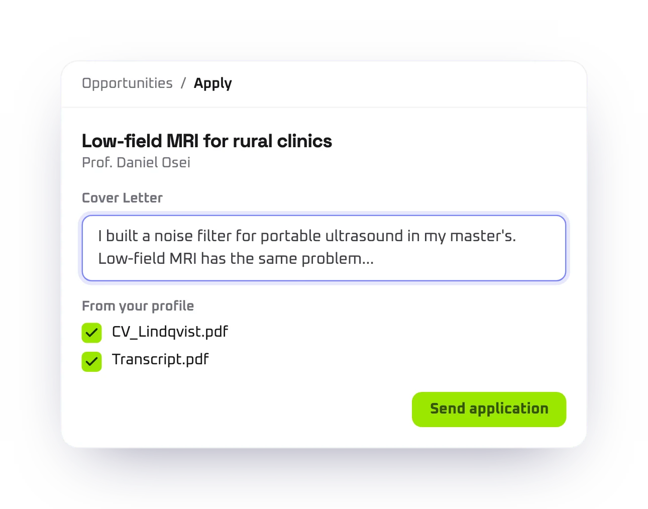 Product screen: Apply with your profile